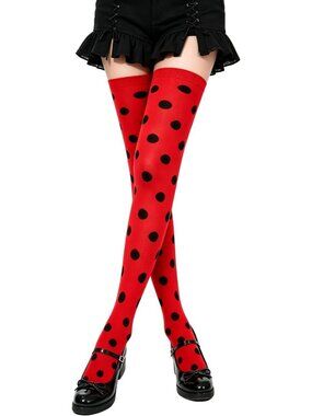 Women's Red Black Dot Pumpkin Striped Thigh High Over Knee Halloween Socks